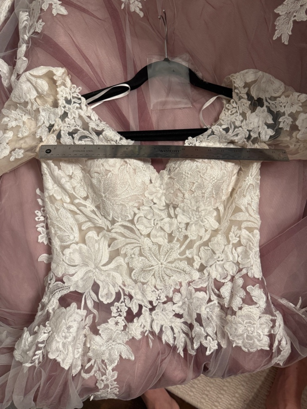 Justin Alexander Lace Pattern Long Dress With Pink/Bugundy Underlay & Ivory(TRR) - Picture 11 of 15